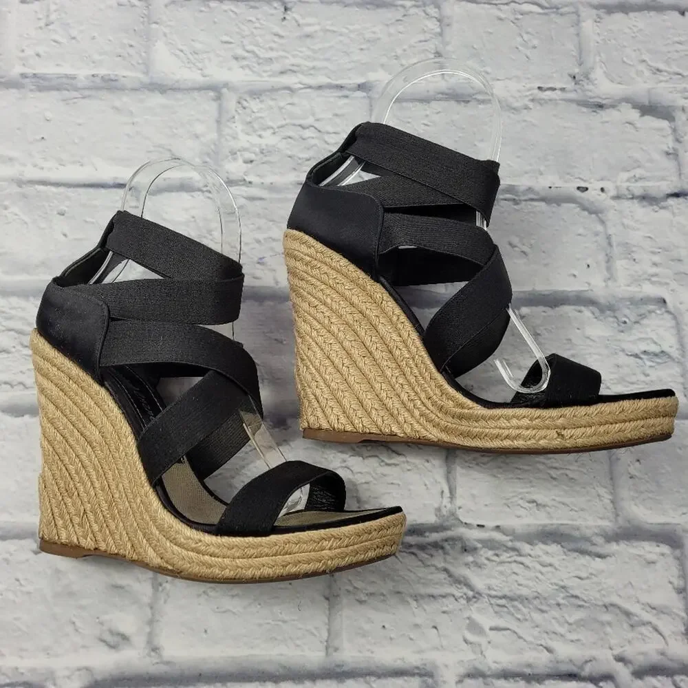 Jean-Michel Cazabat Black Espadrille Wedges with Jute Trim size 39.5
